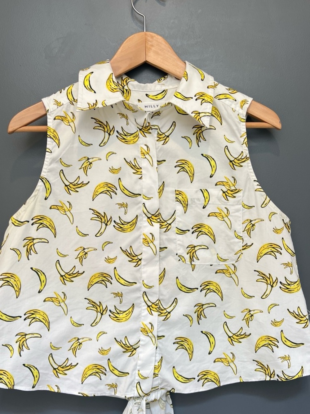 Milly White Sleeveless Button-Front Shirt with Yellow Banana Print